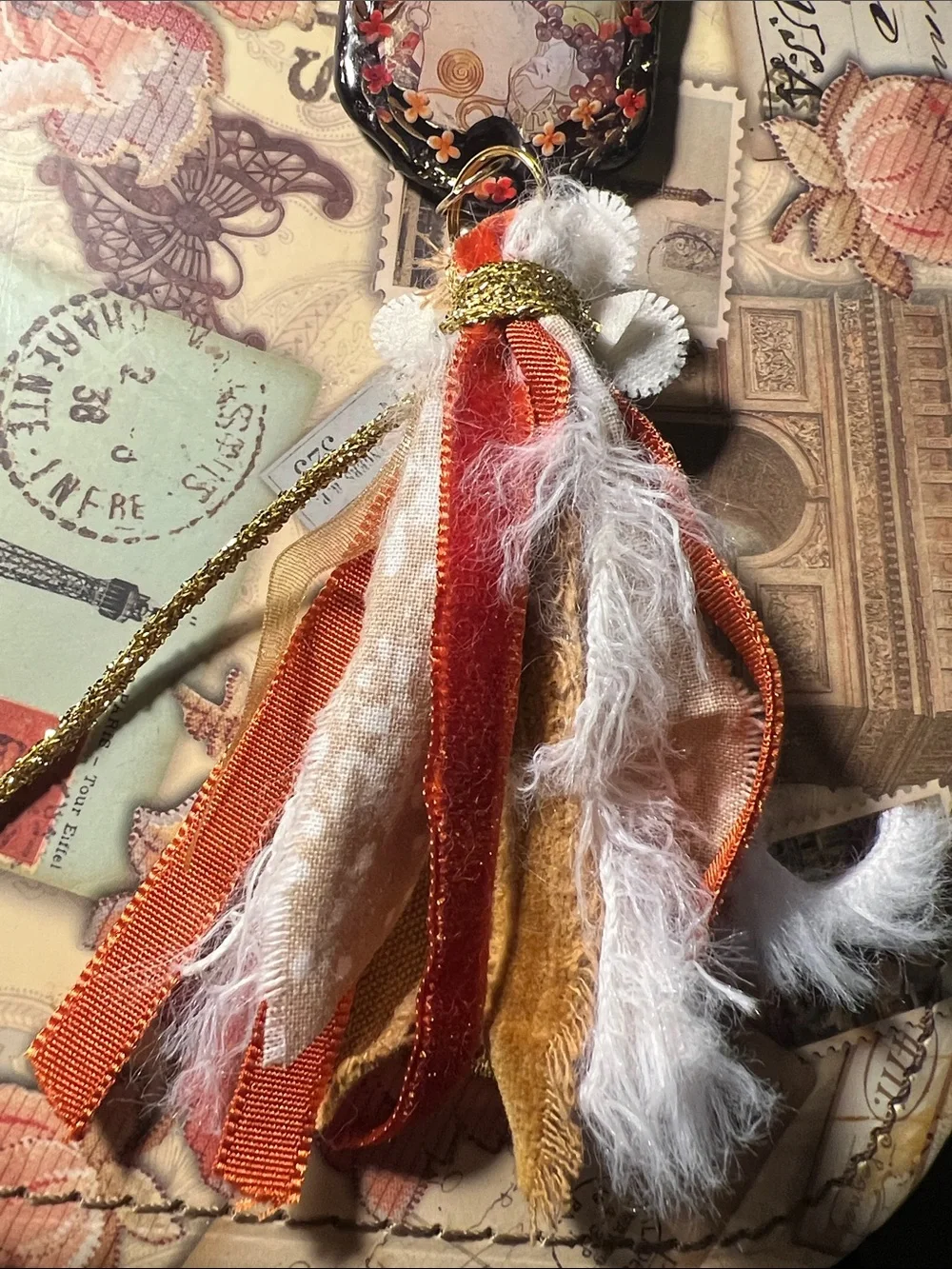 Boho Floral Tassel Keychain, purse charm. Orange, White & Gold